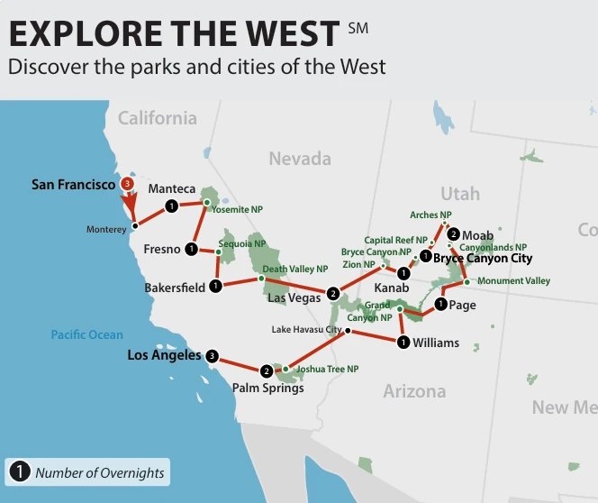 Explore the West USA Tour route map